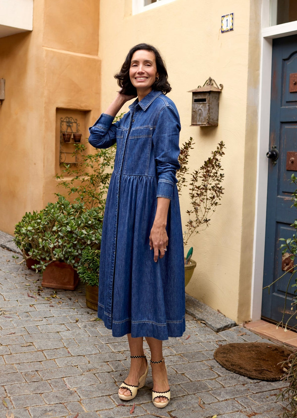 HARPER LONG SLEEVE DENIM SHIRTDRESS - MID BLUE - PETITE