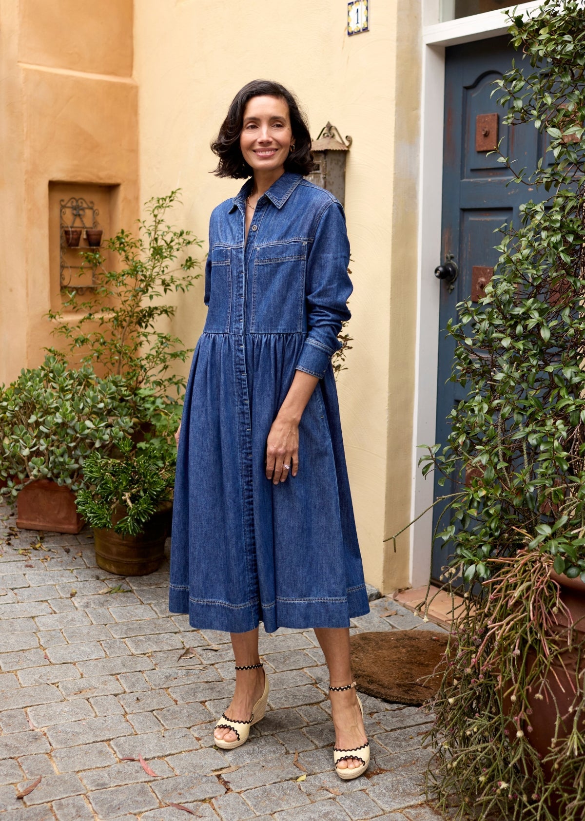 HARPER LONG SLEEVE DENIM SHIRTDRESS - MID BLUE - PETITE