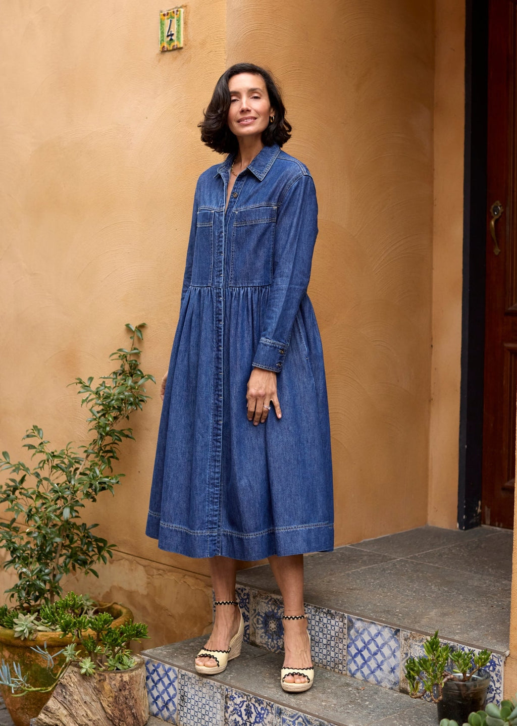 HARPER LONG SLEEVE DENIM SHIRTDRESS - MID BLUE - PETITE