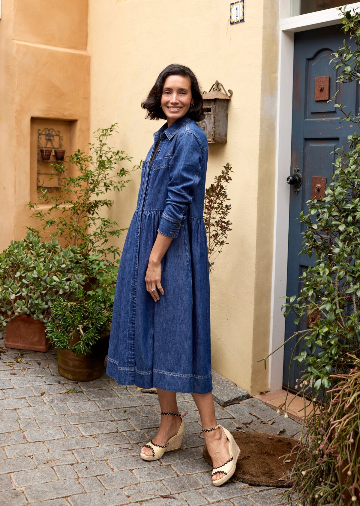 HARPER LONG SLEEVE DENIM SHIRTDRESS - MID BLUE - PETITE