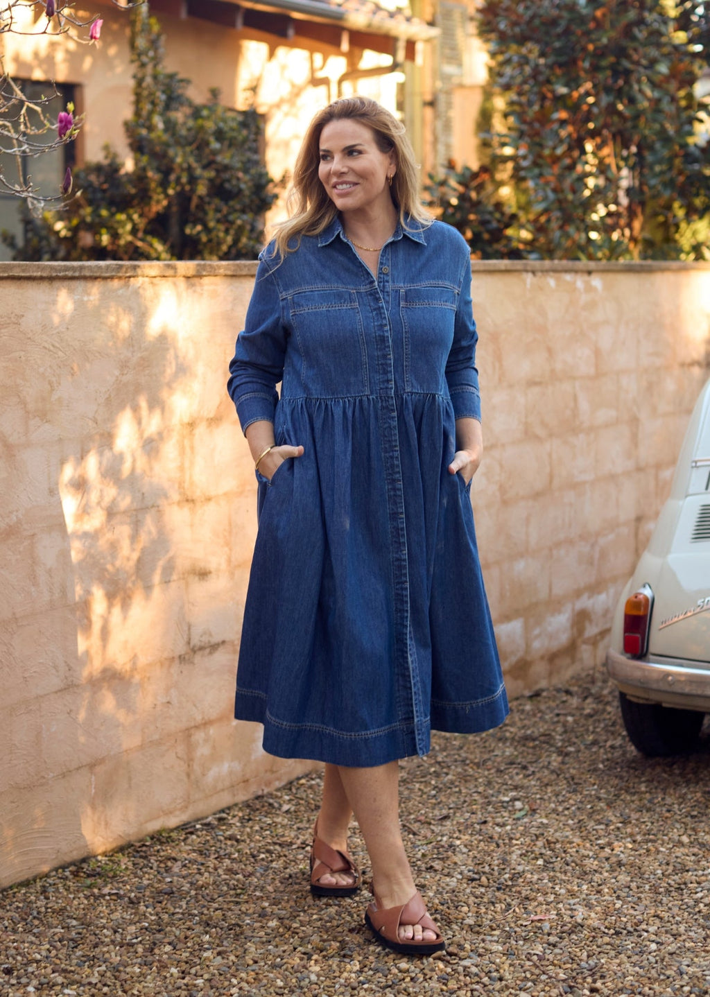 HARPER LONG SLEEVE DENIM SHIRTDRESS - MID BLUE - PETITE