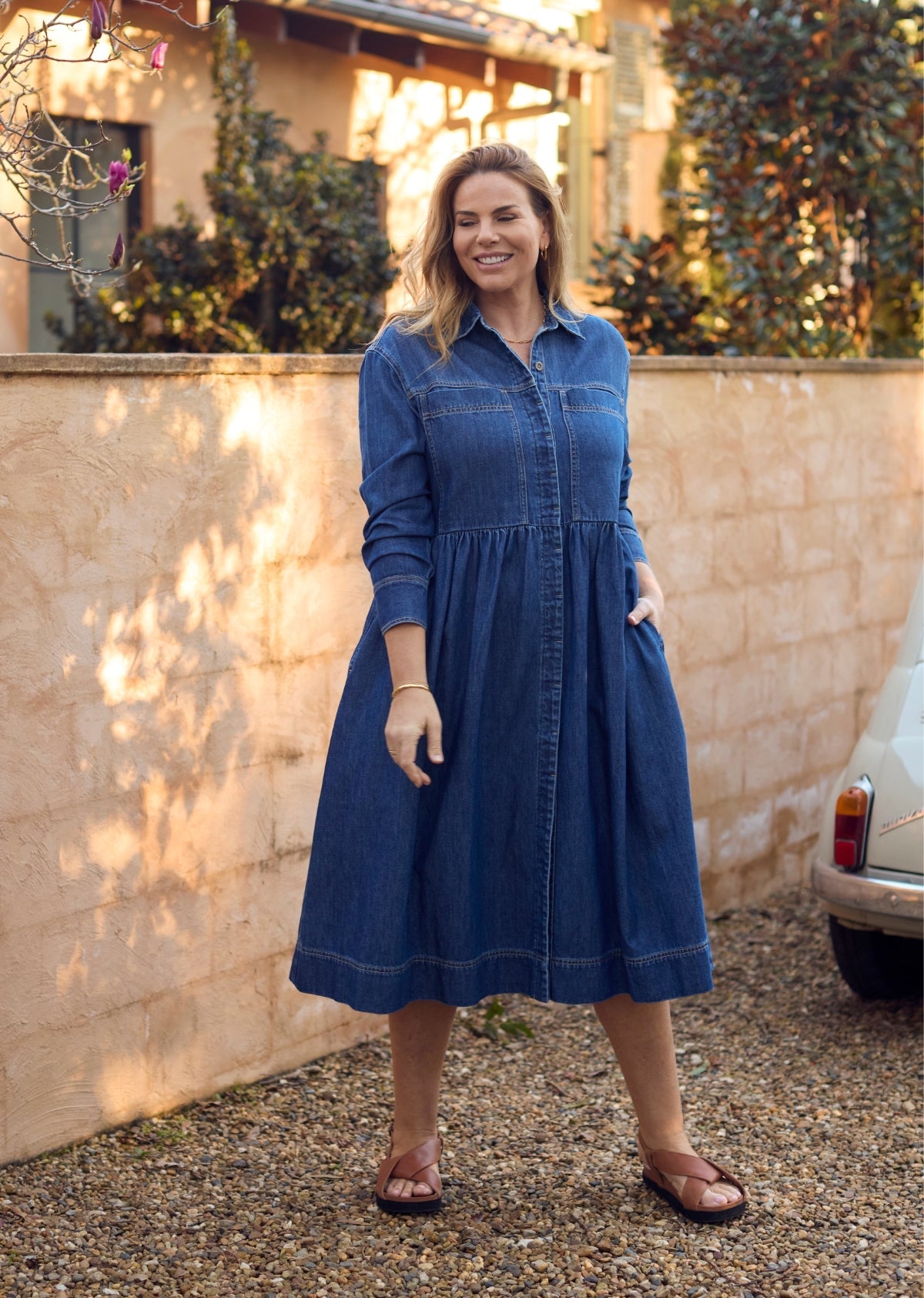 HARPER LONG SLEEVE DENIM SHIRTDRESS - MID BLUE - PETITE