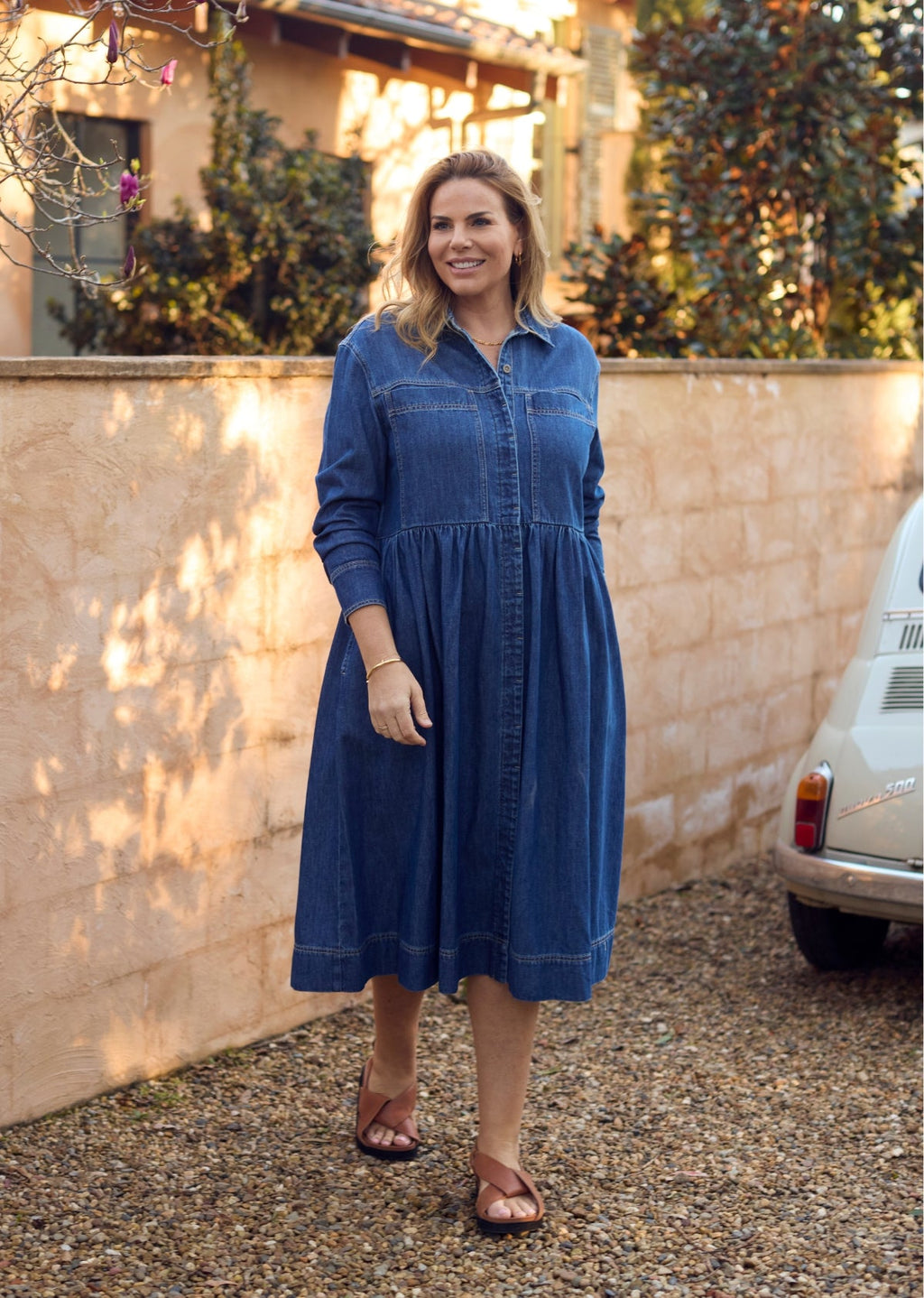 HARPER LONG SLEEVE DENIM SHIRTDRESS - MID BLUE - PETITE