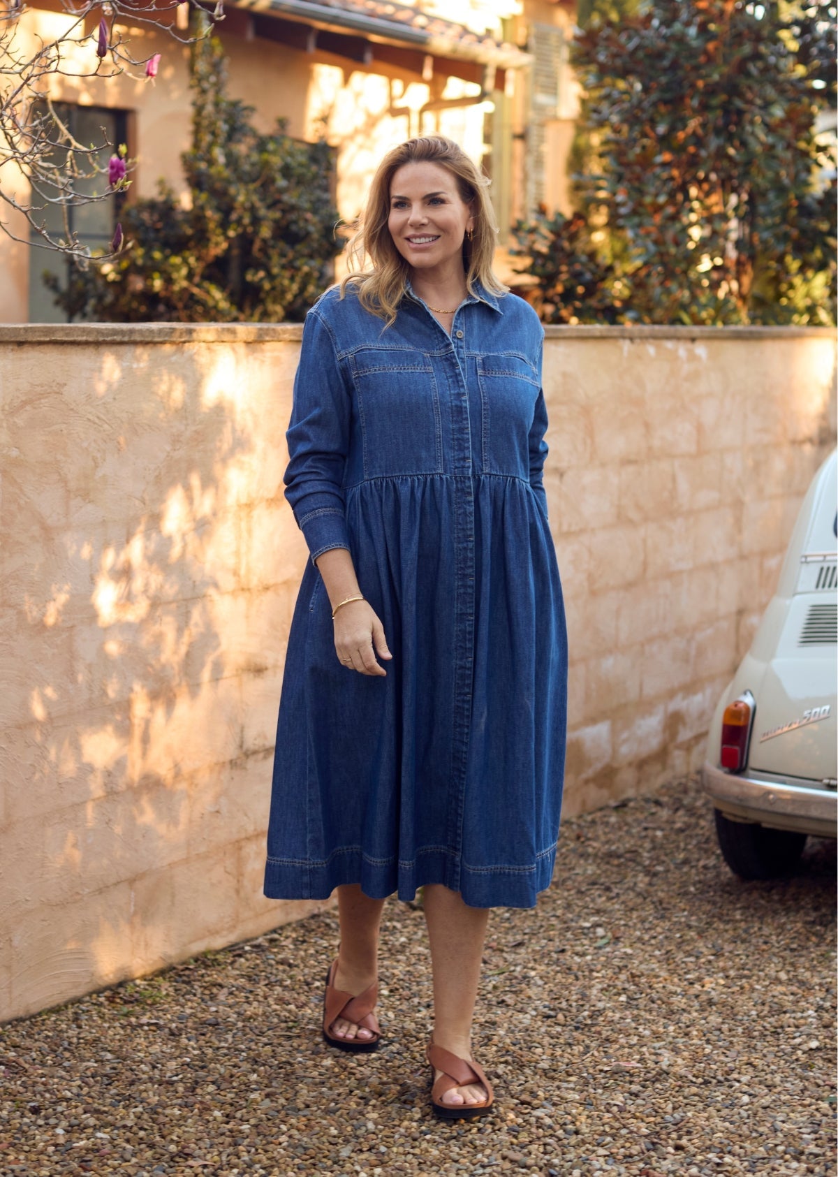 HARPER LONG SLEEVE DENIM SHIRTDRESS - MID BLUE - PETITE