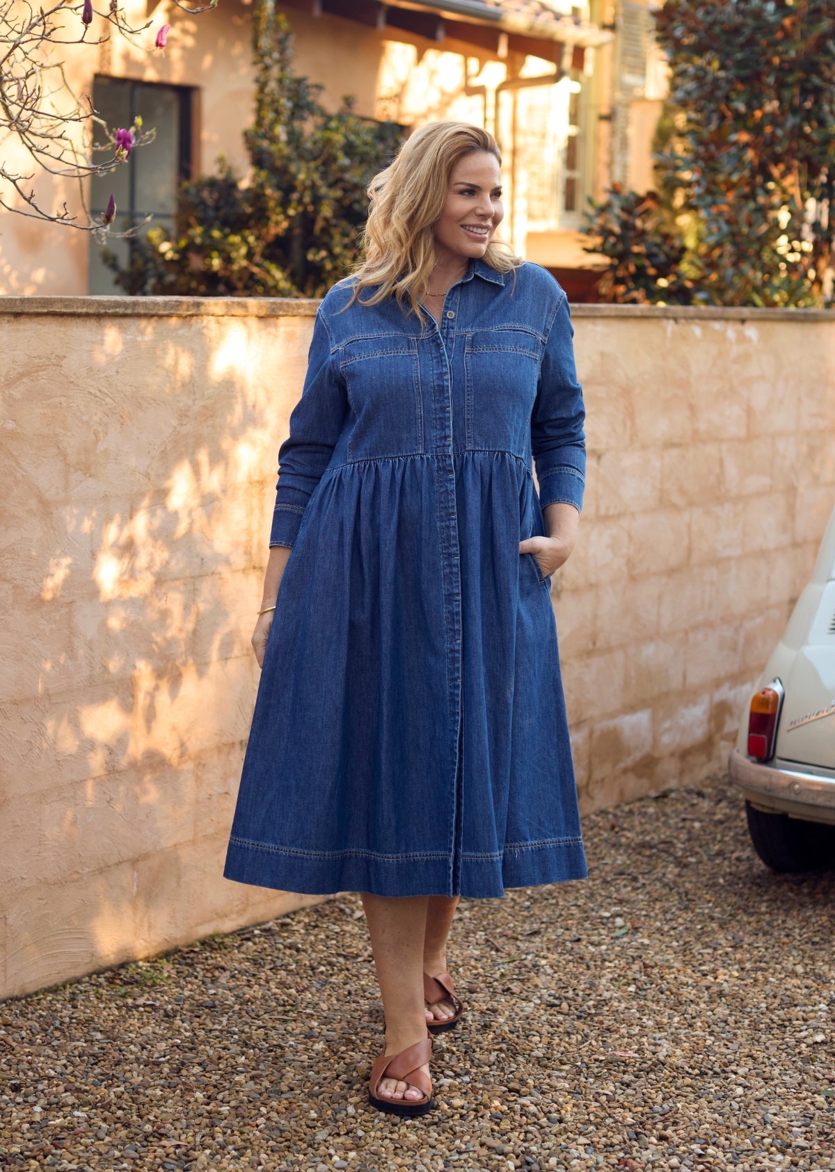 HARPER LONG SLEEVE DENIM SHIRTDRESS - MID BLUE - PETITE