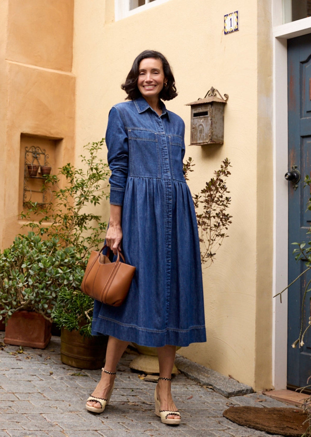 HARPER LONG SLEEVE DENIM SHIRTDRESS - MID BLUE - PETITE